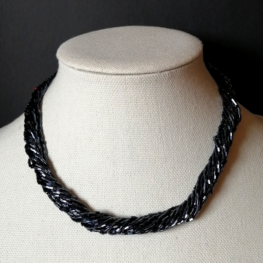Dark Blue Navy Glass Seed Beads Collar Torsade Necklace
